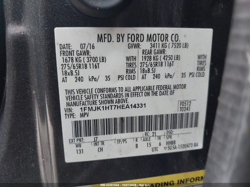 2017 Ford Expedition El Xlt VIN: 1FMJK1HT7HEA14331 Lot: 43381544