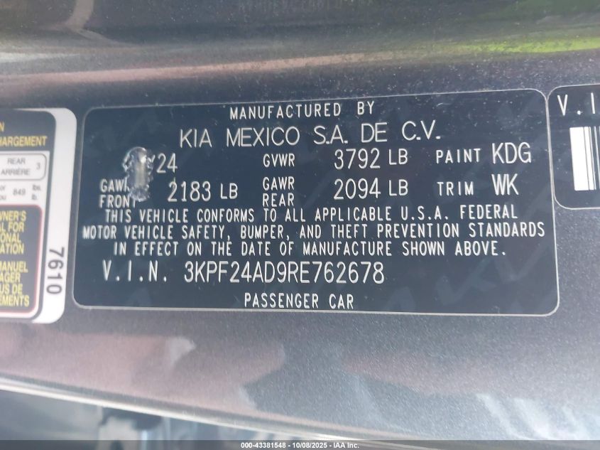 2024 Kia Forte Lxs VIN: 3KPF24AD9RE762678 Lot: 43381548