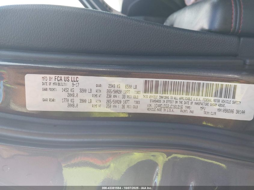 2018 Dodge Durango Gt Awd VIN: 1C4RDJDG2JC161216 Lot: 43381554