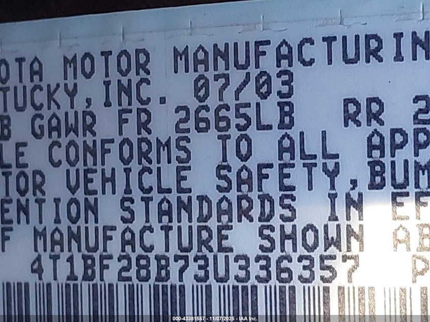 2003 Toyota Avalon Xls VIN: 4T1BF28B73U336357 Lot: 43381557