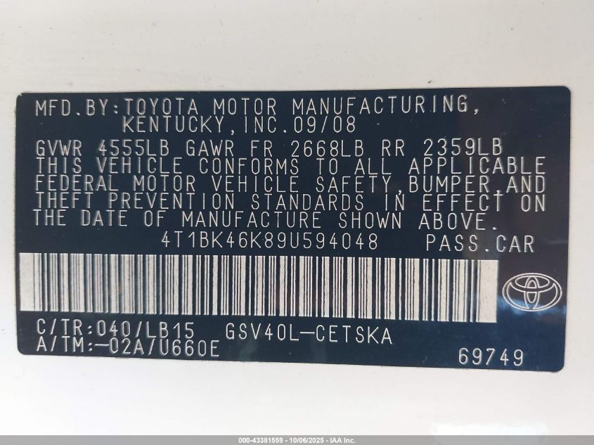 2009 Toyota Camry Se V6 VIN: 4T1BK46K89U594048 Lot: 43381559