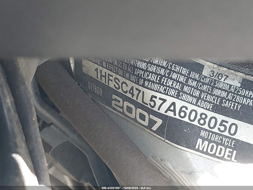 2007 Honda Gl1800 VIN: 1HFSC47257A608050 Lot: 43381567