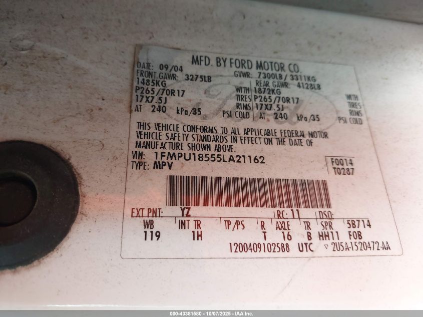 2005 Ford Expedition Eddie Bauer/King Ranch VIN: 1FMPU18555LA21162 Lot: 43381580