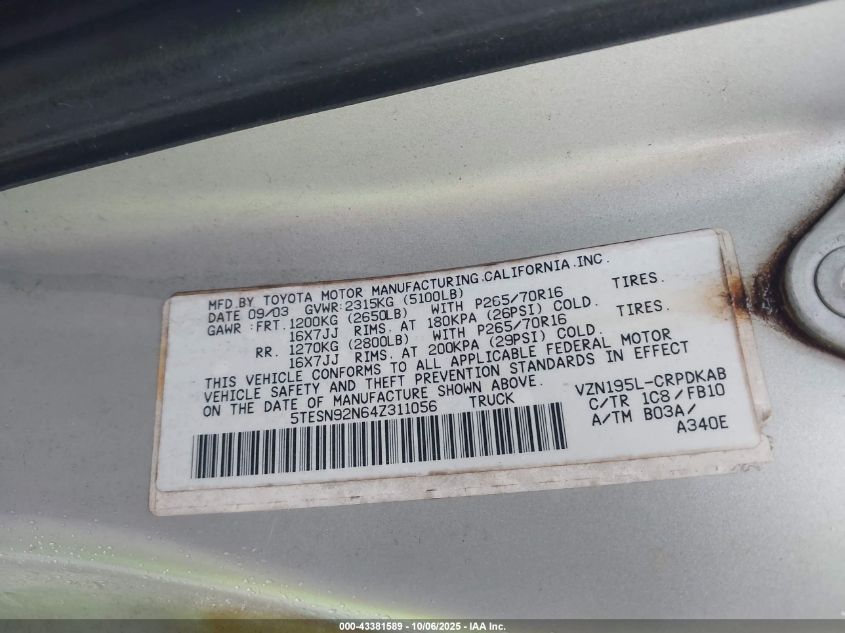 2004 Toyota Tacoma Prerunner V6 VIN: 5TESN92N64Z311056 Lot: 43381589