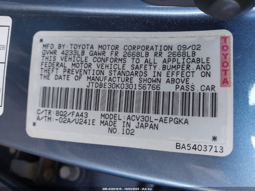 2003 Toyota Camry Xle VIN: JTDBE30K030156766 Lot: 43381619