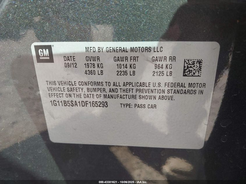 2013 Chevrolet Malibu 1Ls VIN: 1G11B5SA1DF165293 Lot: 43381621