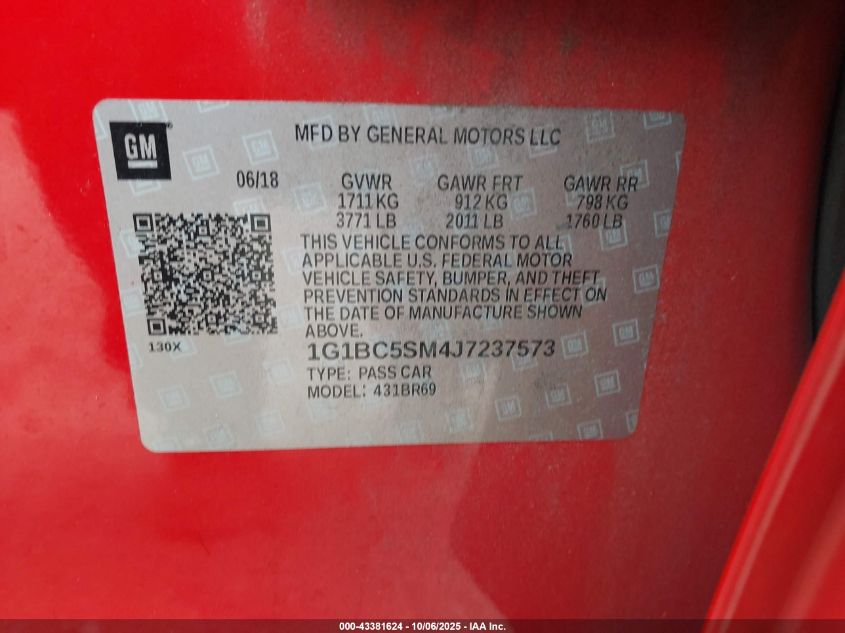 2018 Chevrolet Cruze Ls Auto VIN: 1G1BC5SM4J7237573 Lot: 43381624
