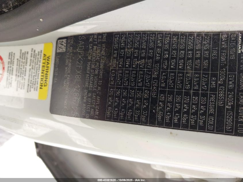 2020 Jaguar E-Pace P250 Awd Automatic VIN: SADFK2FX8L1Z86725 Lot: 43381628