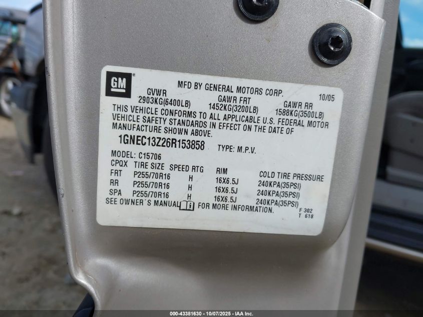 2006 Chevrolet Tahoe Police VIN: 1GNEC13Z26R153858 Lot: 43381630