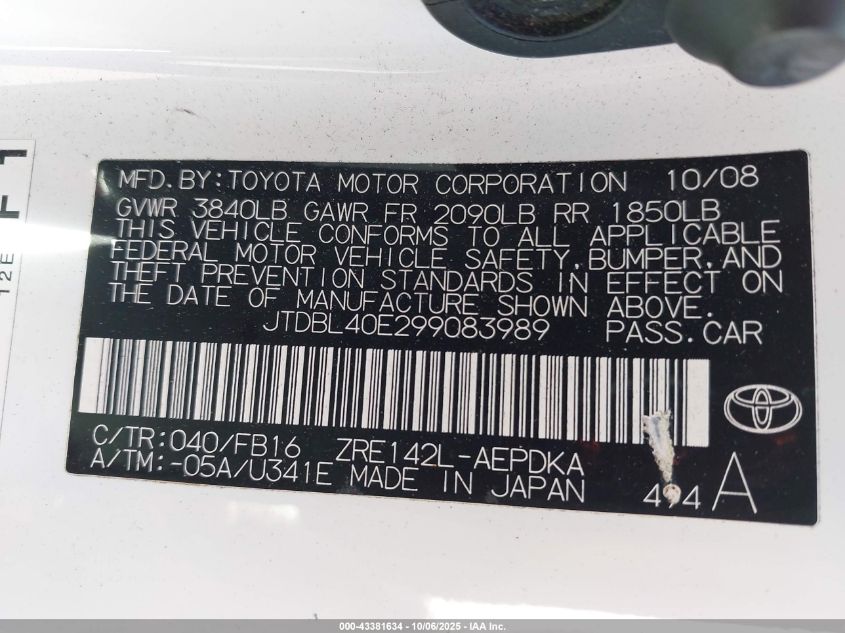 2009 Toyota Corolla Le VIN: JTDBL40E299083989 Lot: 43381634