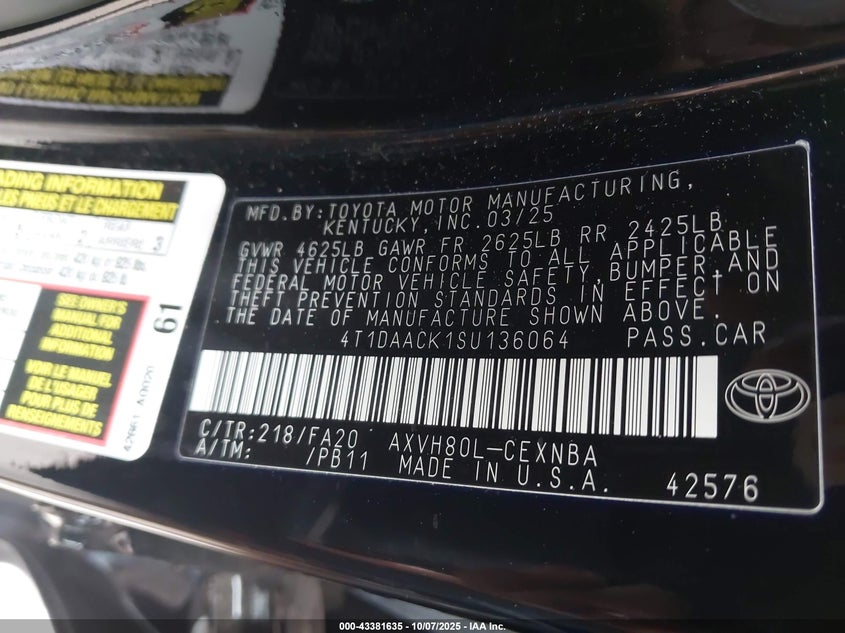 2025 Toyota Camry Le VIN: 4T1DAACK1SU136064 Lot: 43381635