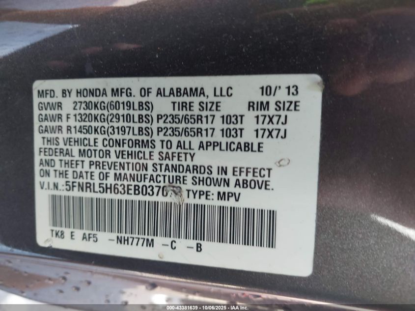 2014 Honda Odyssey Ex-L VIN: 5FNRL5H63EB037072 Lot: 43381639