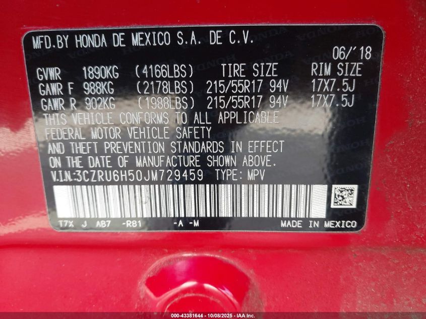 2018 Honda Hr-V Ex VIN: 3CZRU6H50JM729459 Lot: 43381644