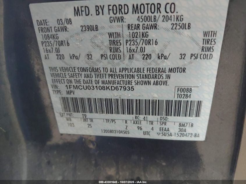 2008 Ford Escape Xlt VIN: 1FMCU03108KD67935 Lot: 43381645