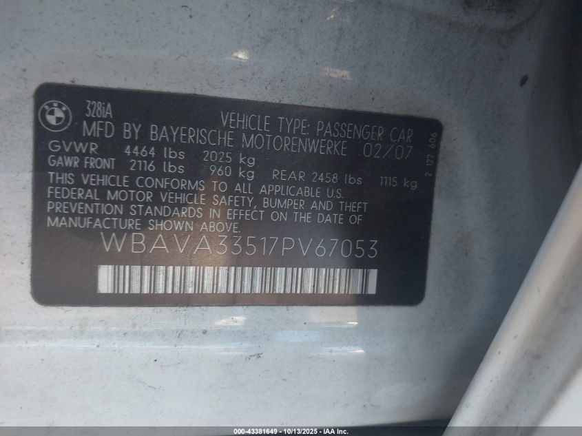 2007 BMW 328I VIN: WBAVA33517PV67053 Lot: 43381649