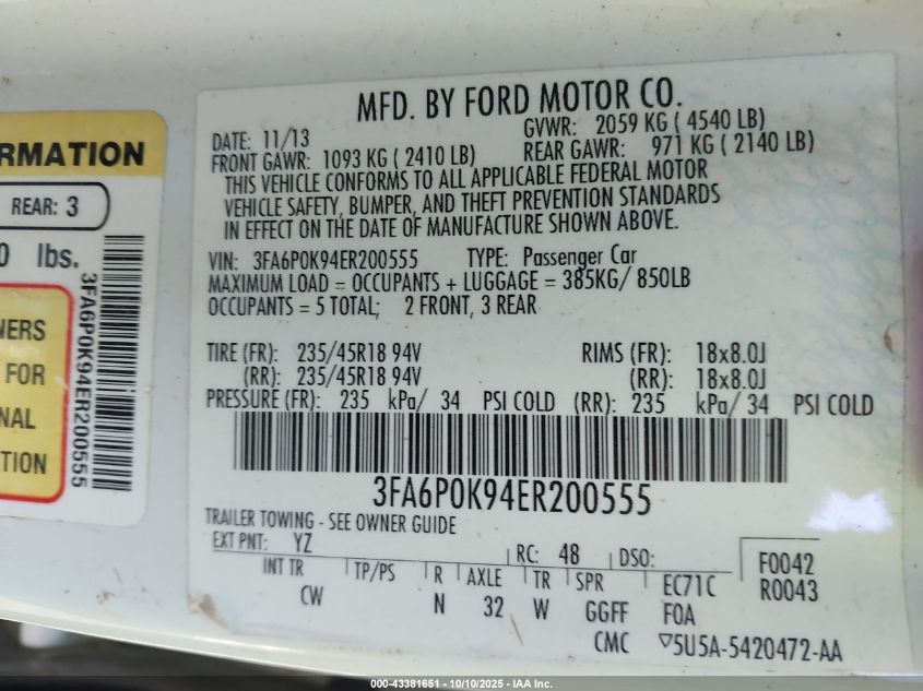 2014 Ford Fusion Titanium VIN: 3FA6P0K94ER200555 Lot: 43381651