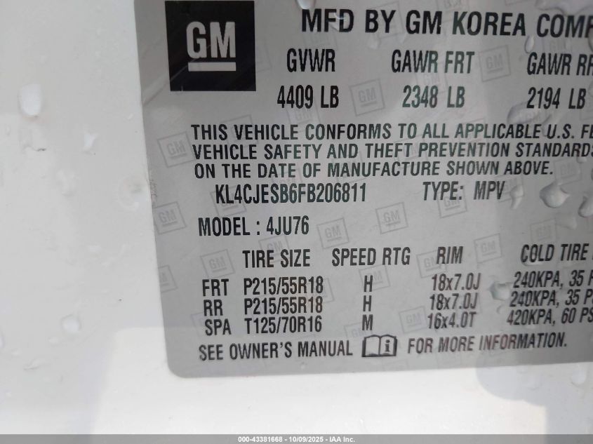 2015 Buick Encore VIN: KL4CJESB6FB206811 Lot: 43381668