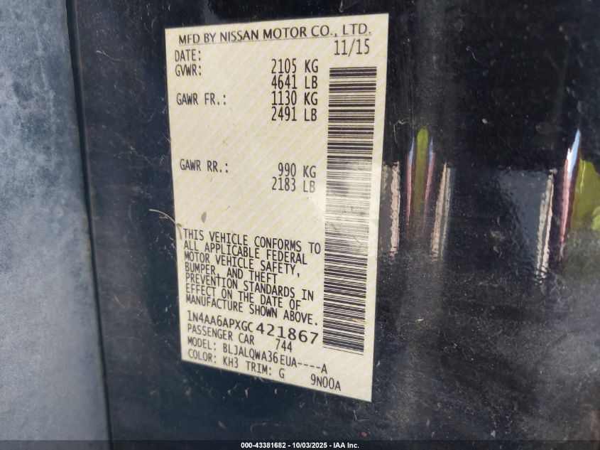 2016 Nissan Maxima 3.5 S VIN: 1N4AA6APXGC421867 Lot: 43381682