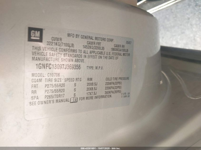 2007 Chevrolet Tahoe Lt VIN: 1GNFC13097J369356 Lot: 43381691