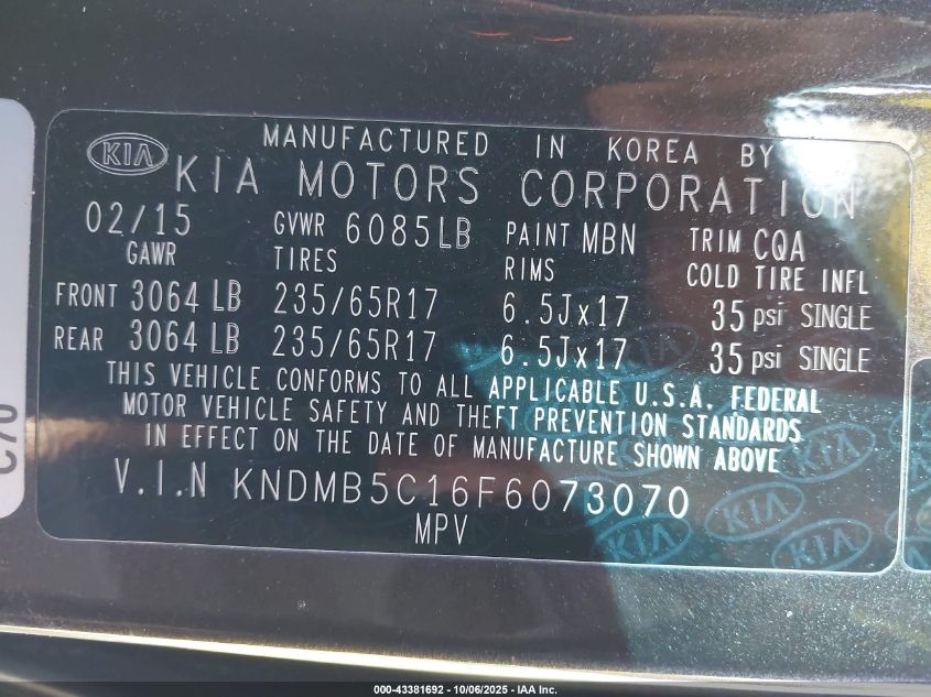 2015 Kia Sedona Lx VIN: KNDMB5C16F6073070 Lot: 43381692
