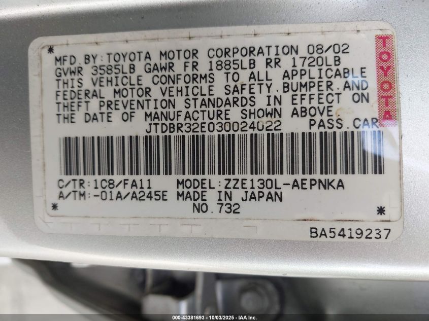 2003 Toyota Corolla Le VIN: JTDBR32E030024022 Lot: 43381693