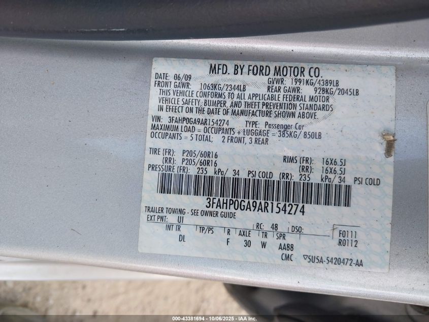 2010 Ford Fusion S VIN: 3FAHP0GA9AR154274 Lot: 43381694