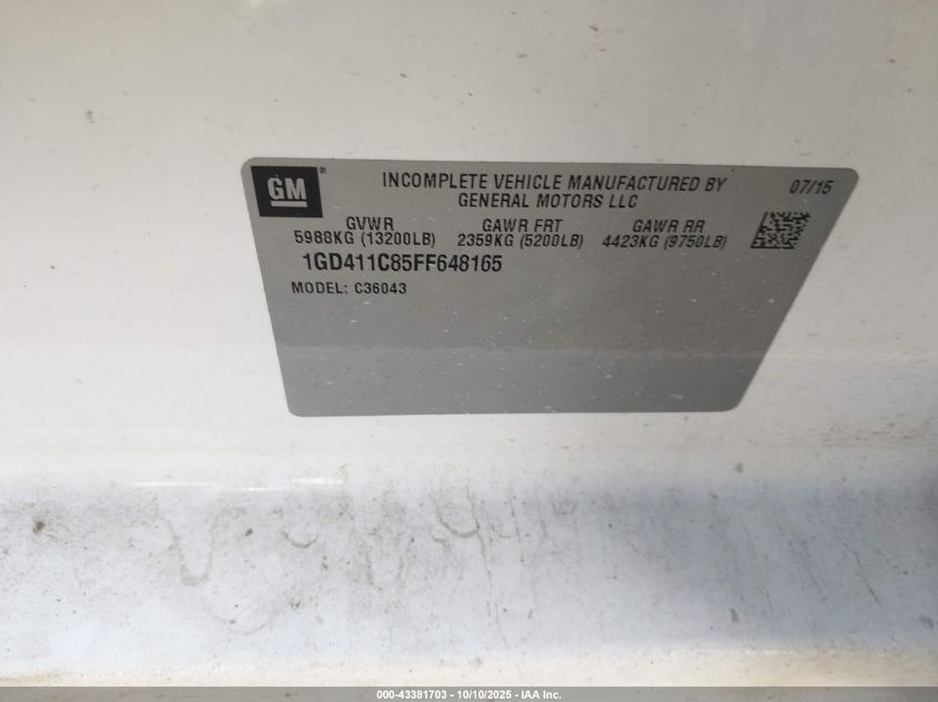 2015 GMC Sierra 3500Hd Chassis VIN: 1GD411C85FF648165 Lot: 43381703