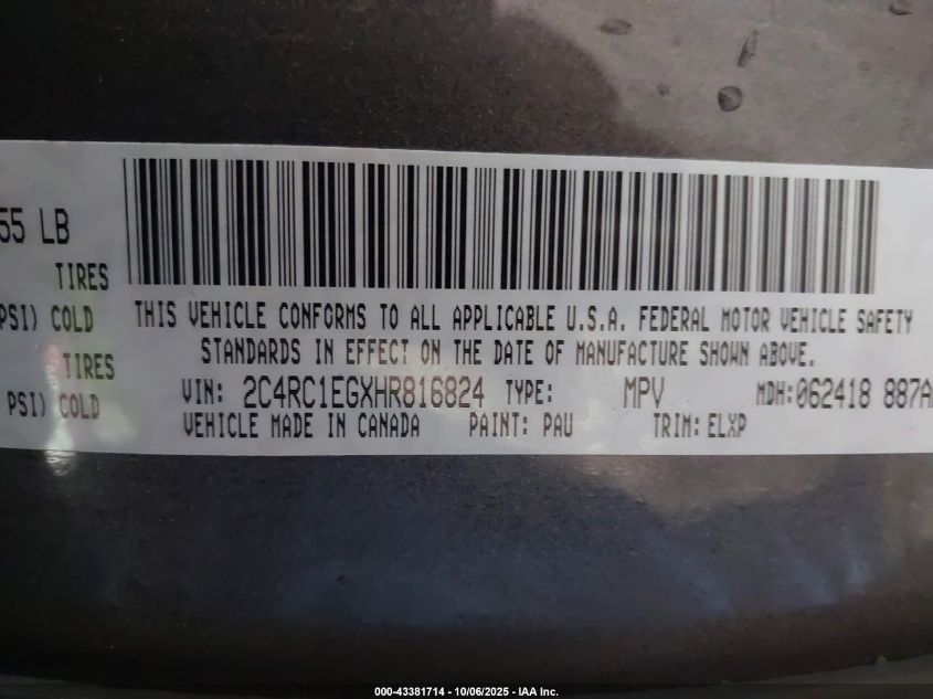 2017 Chrysler Pacifica Touring-L Plus VIN: 2C4RC1EGXHR816824 Lot: 43381714