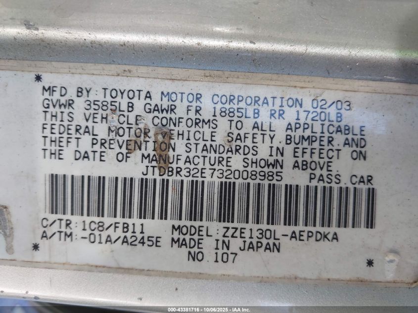 2003 Toyota Corolla Ce VIN: JTDBR32E732008985 Lot: 43381716