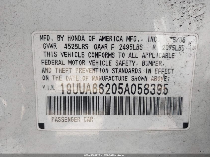 2005 Acura Tl VIN: 19UUA66205A058395 Lot: 43381727
