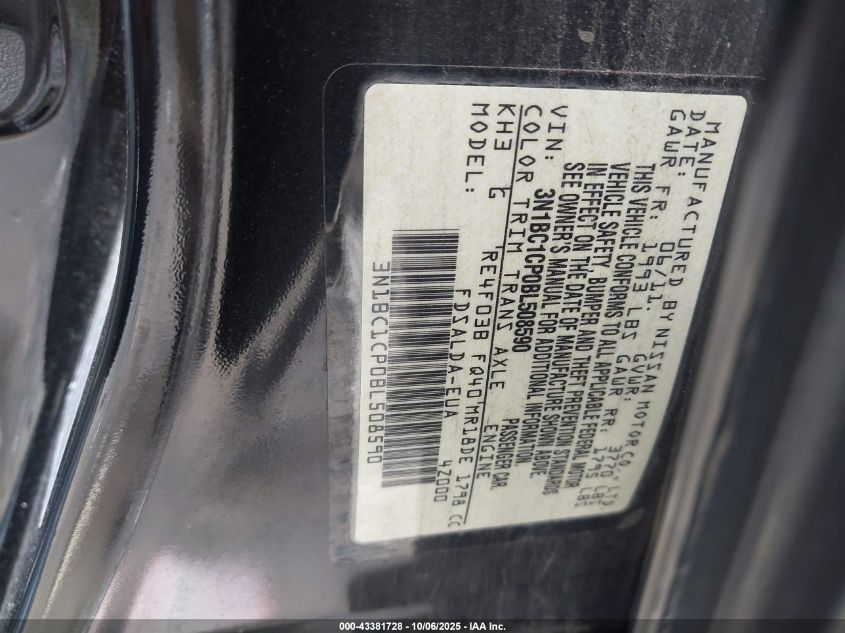 2011 Nissan Versa 1.8S VIN: 3N1BC1CP0BL508590 Lot: 43381728