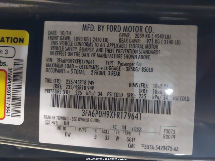 2015 Ford Fusion Se VIN: 3FA6P0H9XFR179641 Lot: 43381729