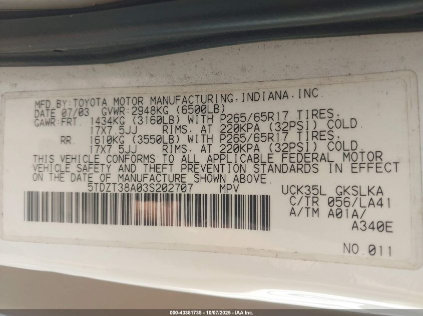 2003 Toyota Sequoia Limited V8 VIN: 5TDZT38A03S202707 Lot: 43381735