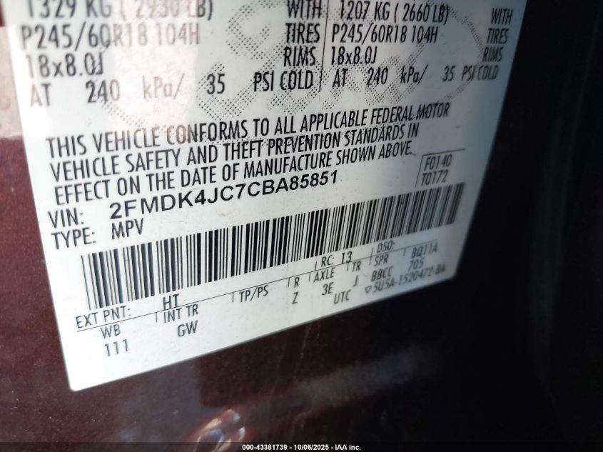 2012 Ford Edge Sel VIN: 2FMDK4JC7CBA85851 Lot: 43381739