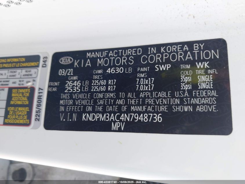 2022 Kia Sportage Lx VIN: KNDPM3AC4N7948736 Lot: 43381740