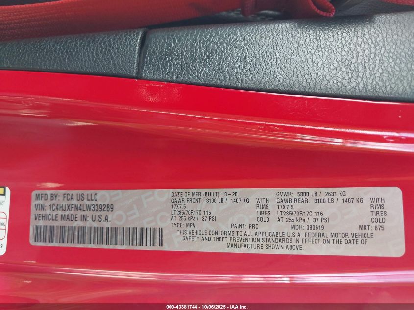 2020 Jeep Wrangler Unlimited Rubicon Recon 4X4 VIN: 1C4HJXFN4LW339289 Lot: 43381744