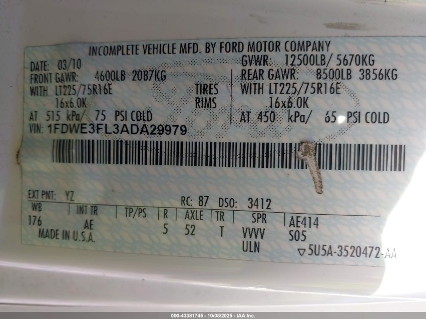 2010 Ford E-350 Cutaway VIN: 1FDWE3FL3ADA29979 Lot: 43381745