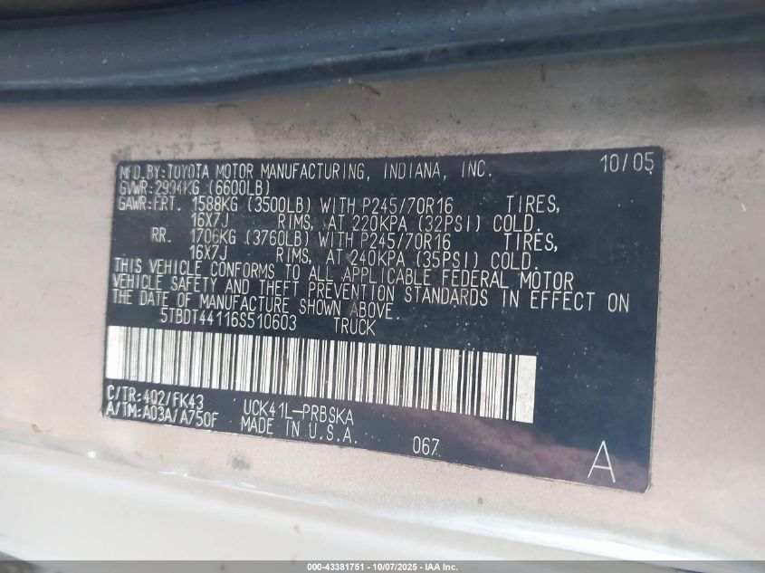 2006 Toyota Tundra Sr5 V8 VIN: 5TBDT44116S510603 Lot: 43381751