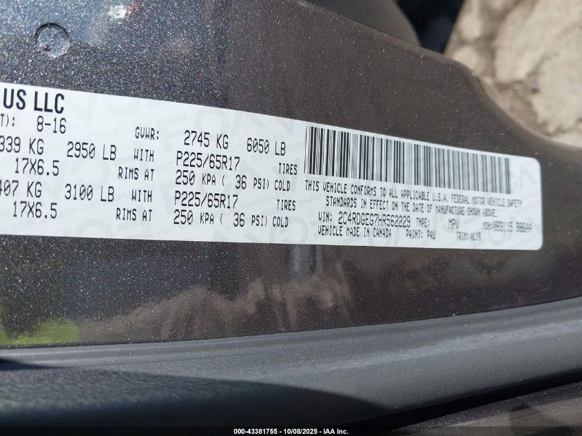 2017 Dodge Grand Caravan Gt VIN: 2C4RDGEG7HR562229 Lot: 43381755