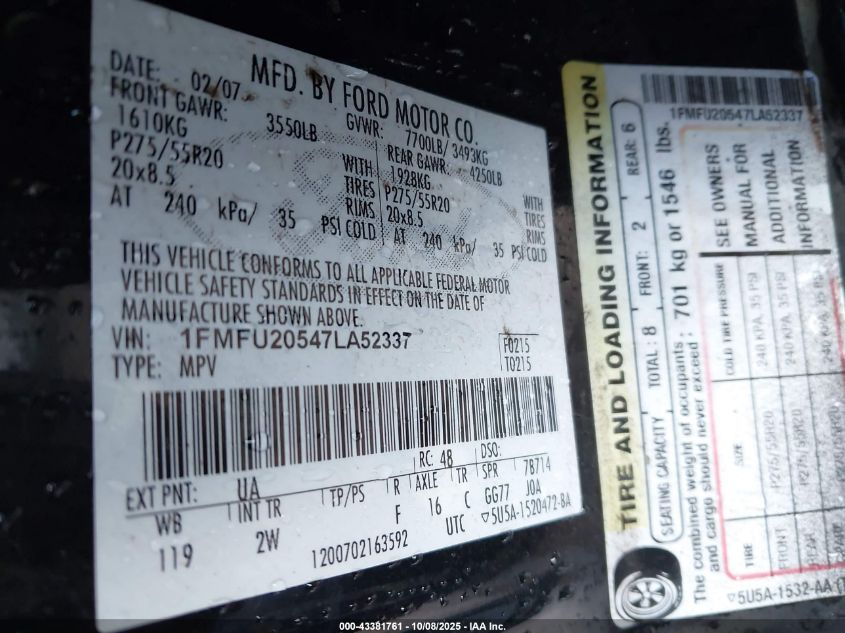 2007 Ford Expedition Limited VIN: 1FMFU20547LA52337 Lot: 43381761