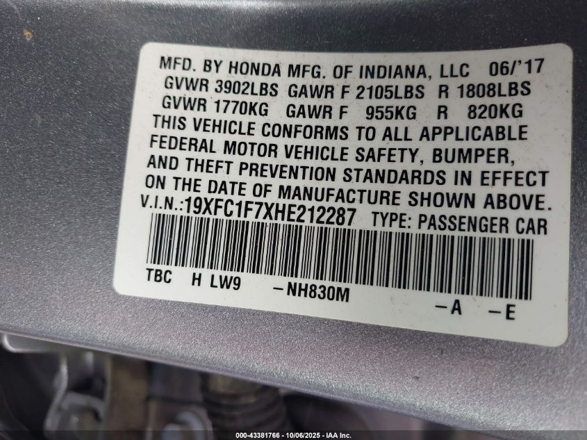 2017 Honda Civic Ex-L VIN: 19XFC1F7XHE212287 Lot: 43381766