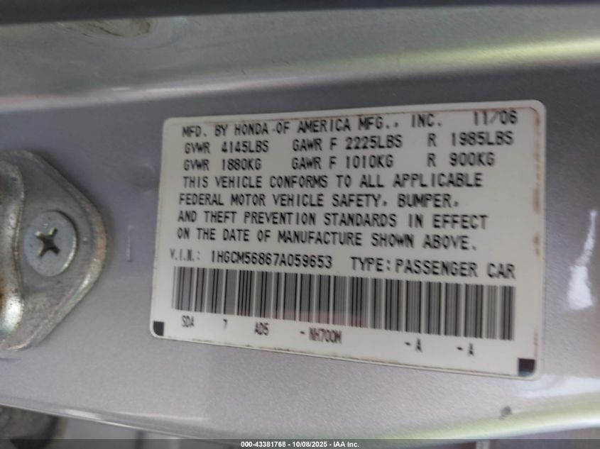 2007 Honda Accord 2.4 Ex VIN: 1HGCM56867A059653 Lot: 43381768
