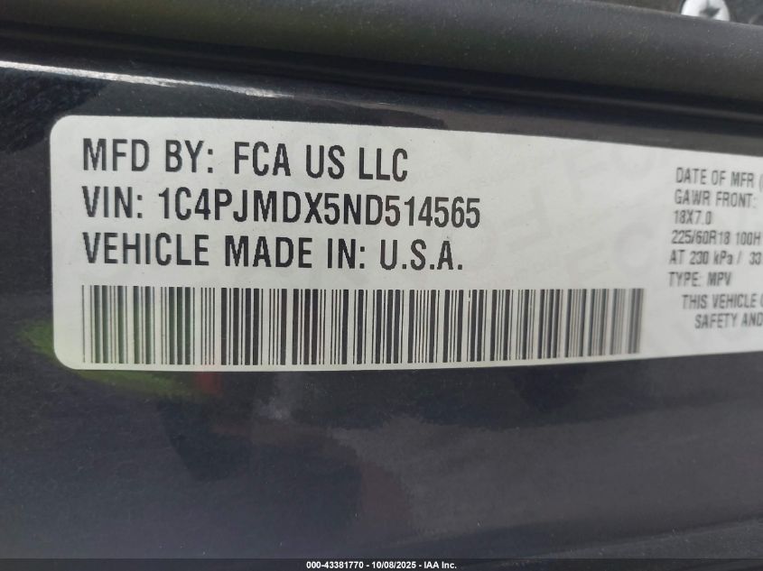 2022 Jeep Cherokee Limited 4X4 VIN: 1C4PJMDX5ND514565 Lot: 43381770