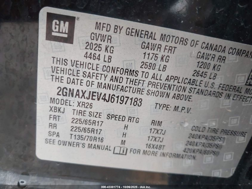 2018 Chevrolet Equinox Lt VIN: 2GNAXJEV4J6197183 Lot: 43381774