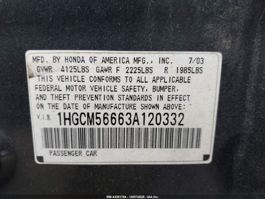 2003 Honda Accord 2.4 Ex VIN: 1HGCM56663A120332 Lot: 43381784