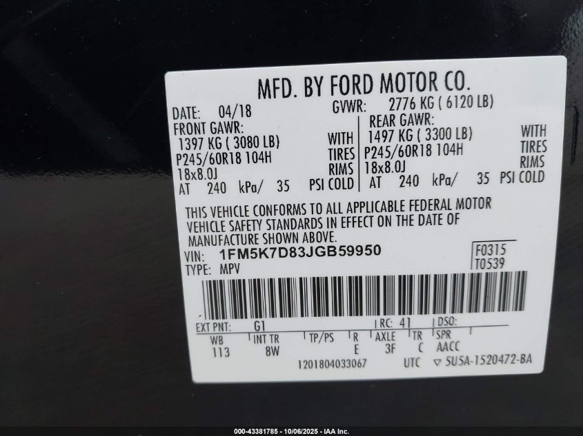 2018 Ford Explorer Xlt VIN: 1FM5K7D83JGB59950 Lot: 43381785