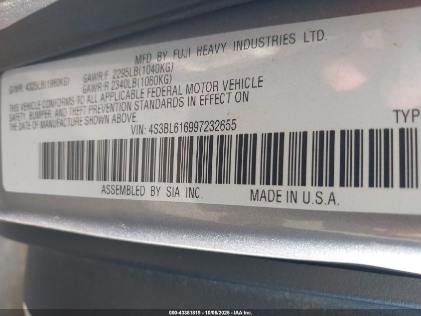 2009 Subaru Legacy 2.5I VIN: 4S3BL616997232655 Lot: 43381819