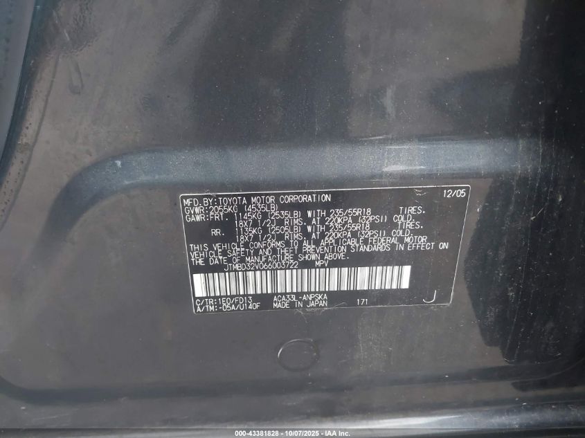 2006 Toyota Rav4 Sport VIN: JTMBD32V066003722 Lot: 43381828