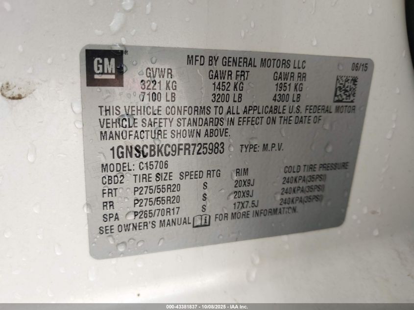 2015 Chevrolet Tahoe Lt VIN: 1GNSCBKC9FR725983 Lot: 43381837