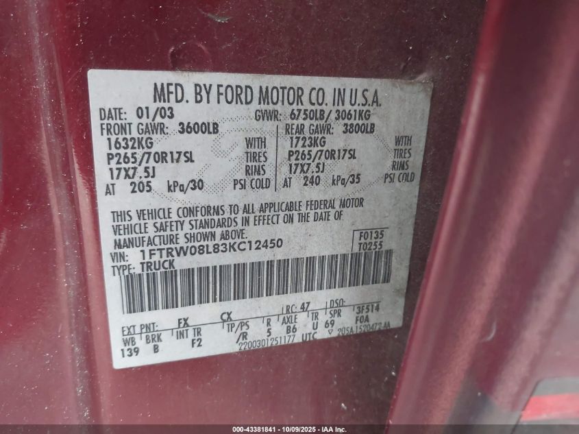 2003 Ford F-150 Lariat/Xlt VIN: 1FTRW08L83KC12450 Lot: 43381841